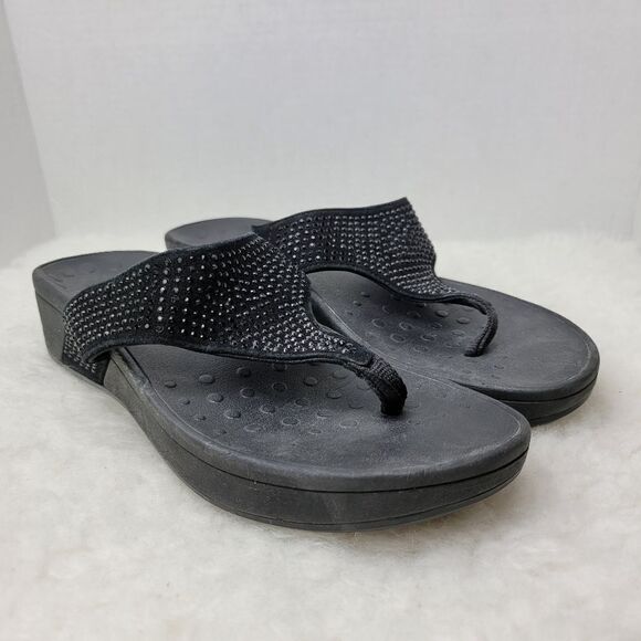 Vionic Pacific Naples Black Suede Leather Jeweled Wedge Flip Flop Sandals Size10 - Picture 1 of 9